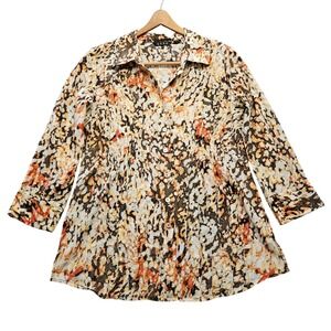 Zozo Women Orange Yellow Abstract Print Cotton Silk Blend Pintuck Tunic Top‎ M